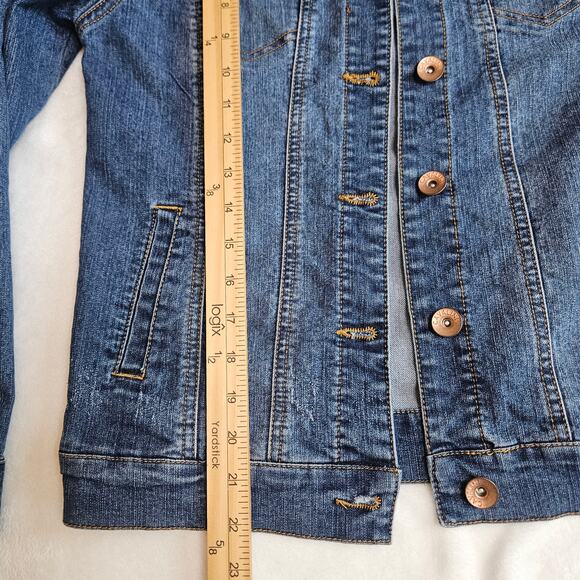 Cavalini Denim Collection Jacket Small Long Sleeve Blue Jean Factory Distressing - Picture 9 of 9